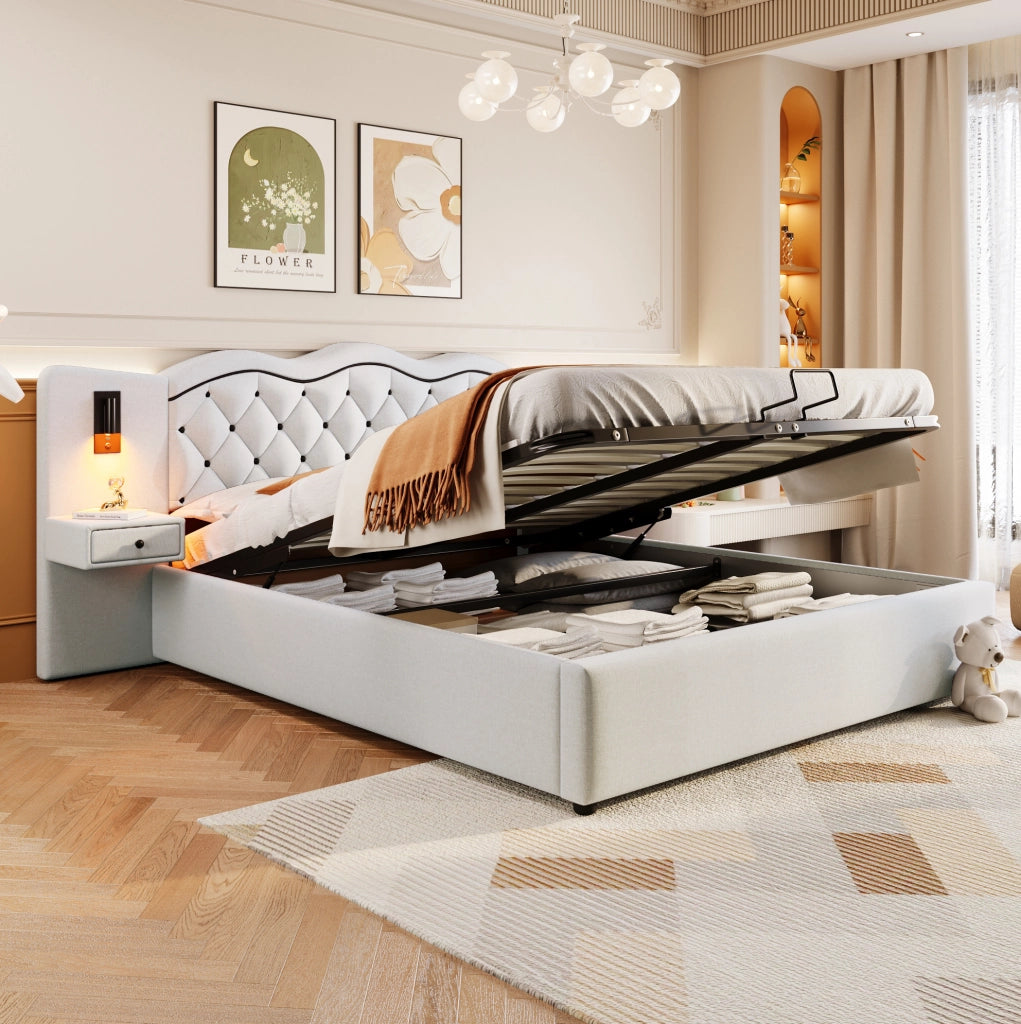 Letto matrimoniale 180x200 cm imbottito con contenitore; USB e luci; beige