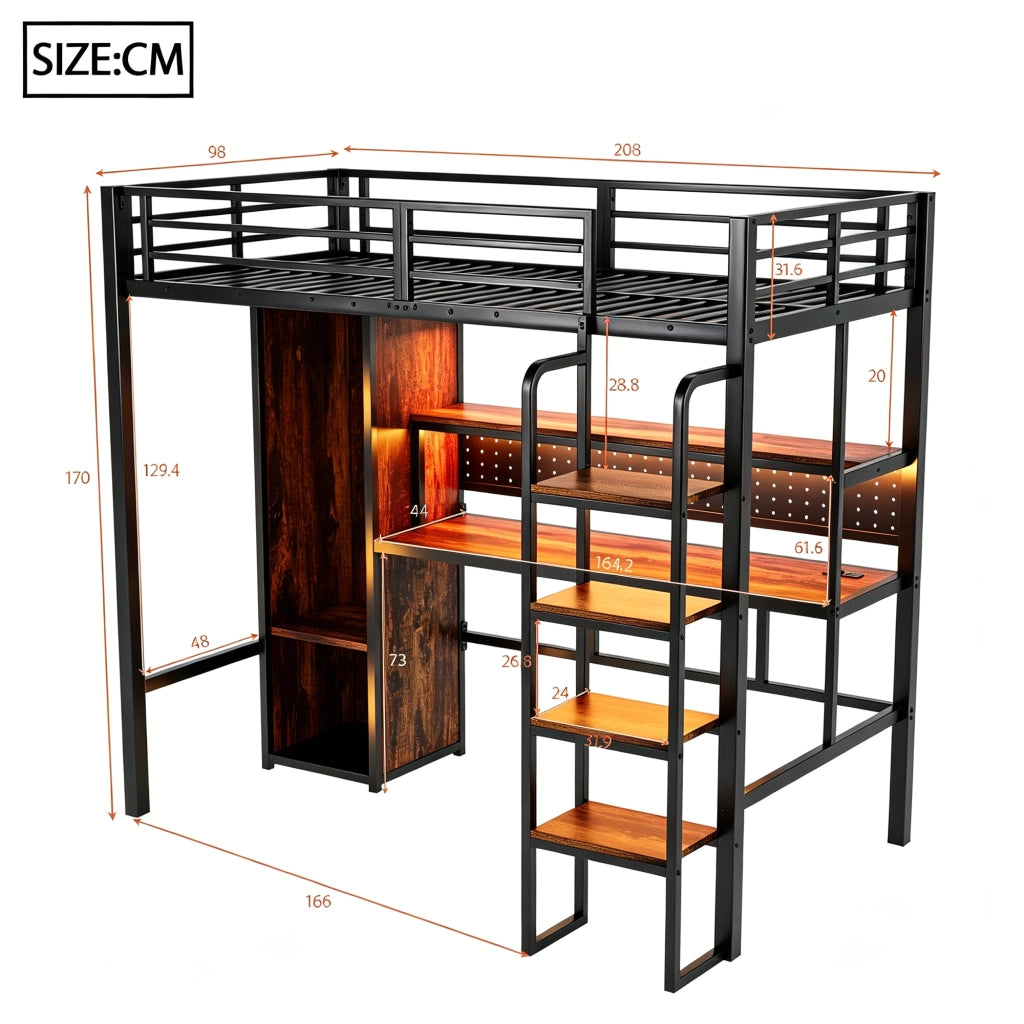Letto a soppalco 90x200 cm con scrivania; armadio e LED in MDF e metallo nero