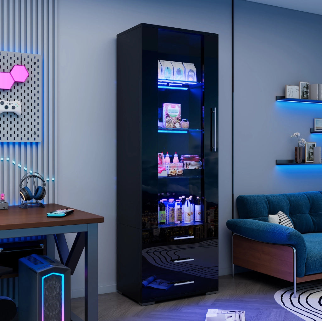 Vetrina espositiva in MDF con LED controllabile via app; 3 cassetti; 60 x 35 x 180 cm; nera