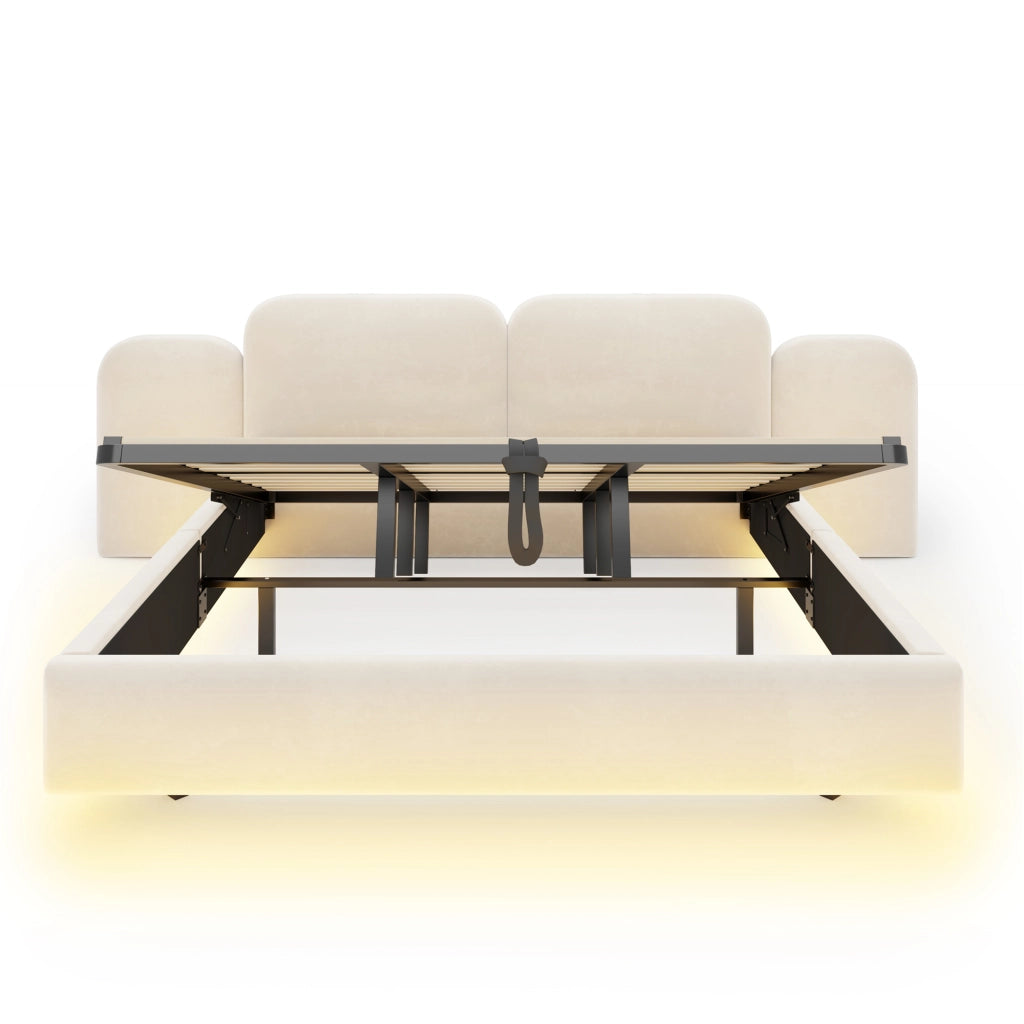 Letto imbottito 180x200 cm con contenitore idraulico; LED RGB; USB e Tipo C; velluto beige
