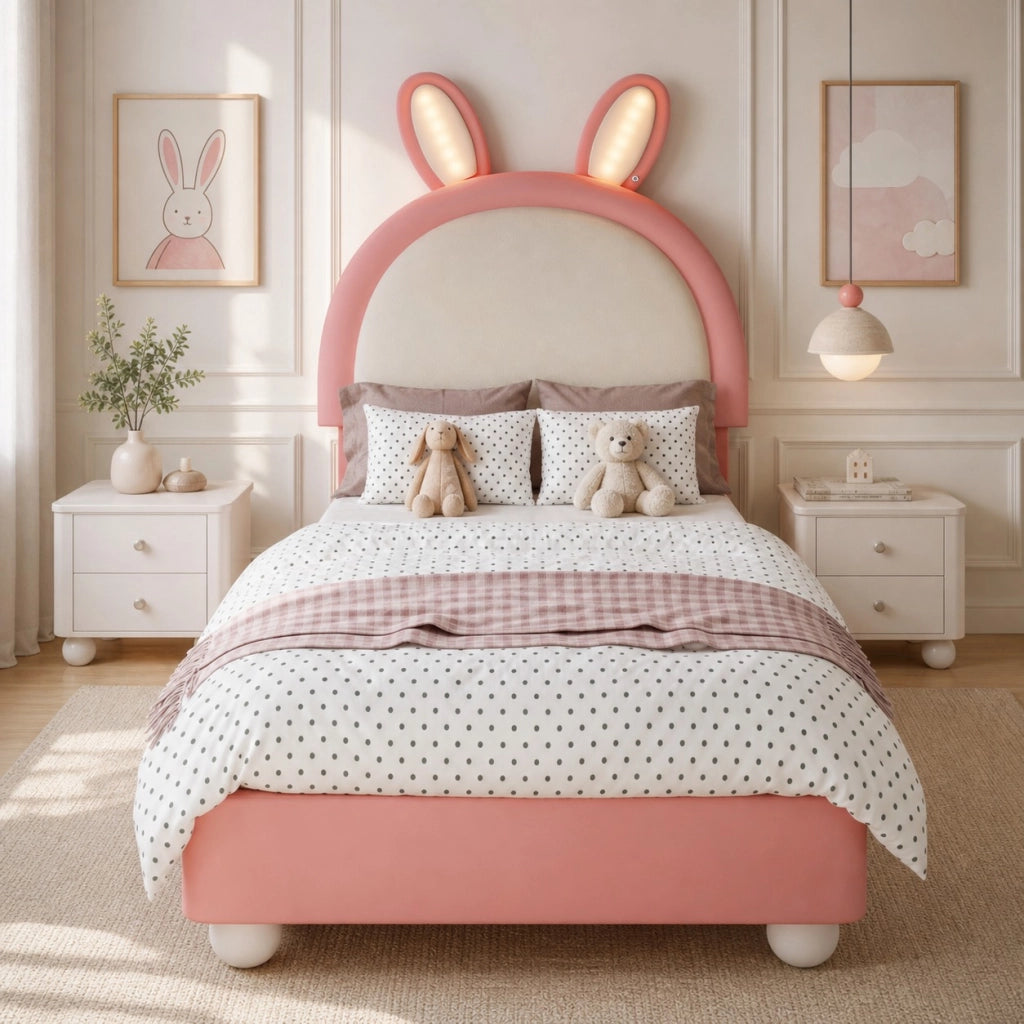 DESMIU Letto bambino 90 × 200 cm con LED, testiera a coniglio, senza materasso, in PU, rosa
