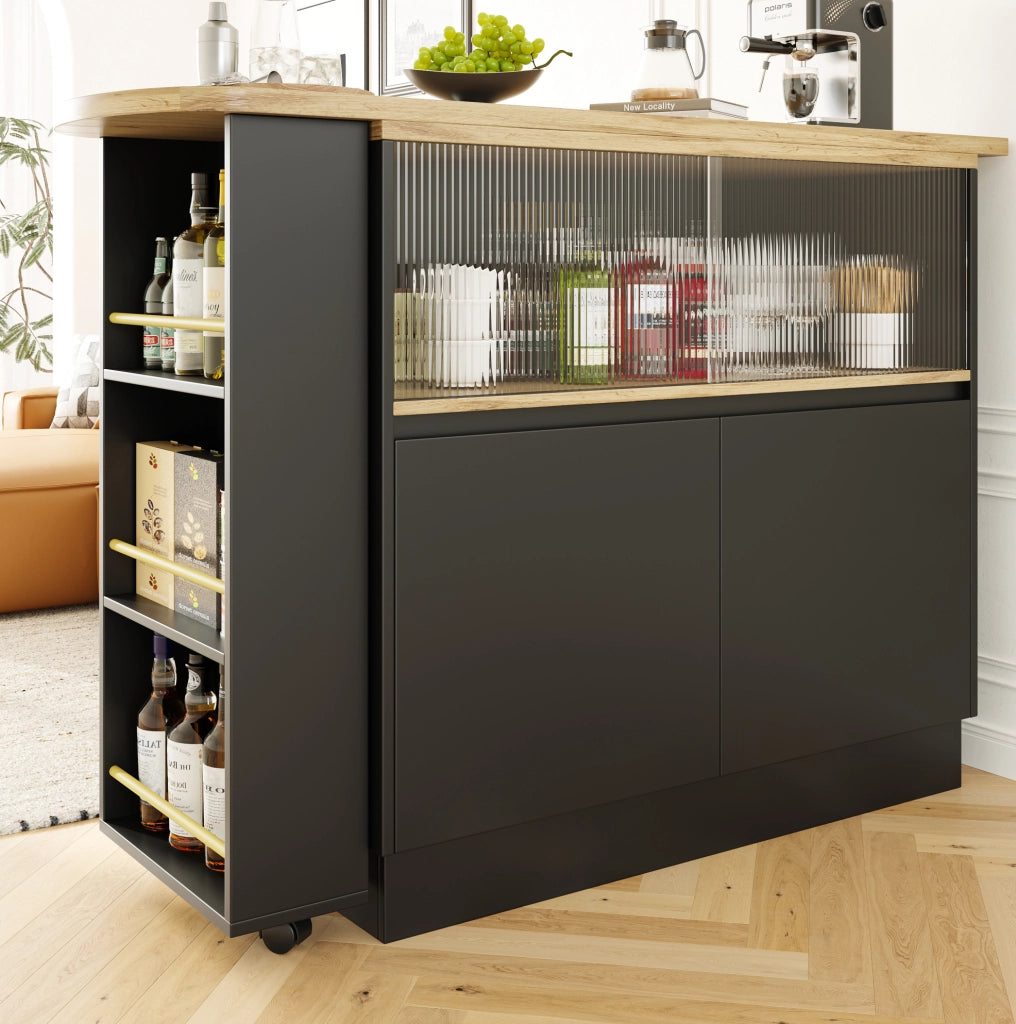 Mobile bar girevole 90x45x100 cm con porta scorrevole in vetro e struttura in MDF nero
