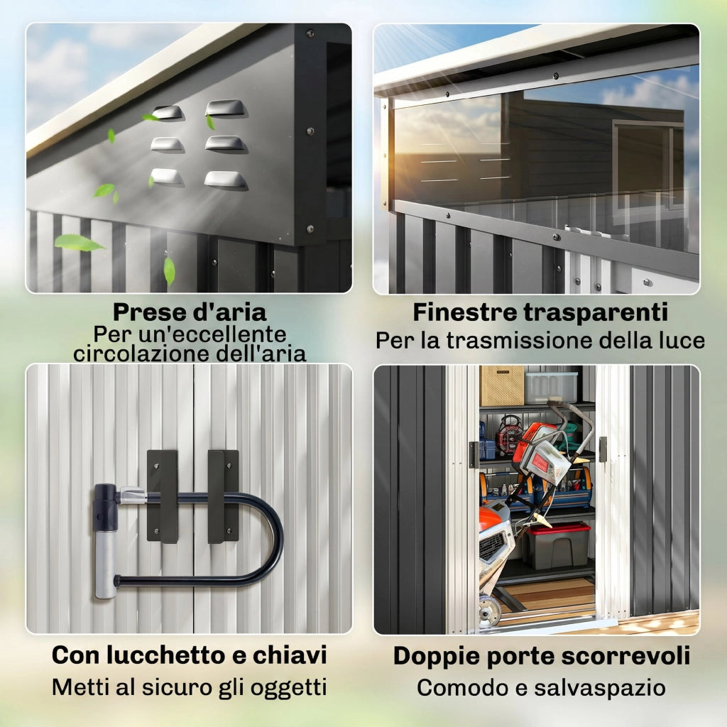 Casetta da Giardino Porta Attrezzi con 4 Finestre e 2 Ganci, in Acciaio Zincato, 195x122x181.5 cm, Grigio