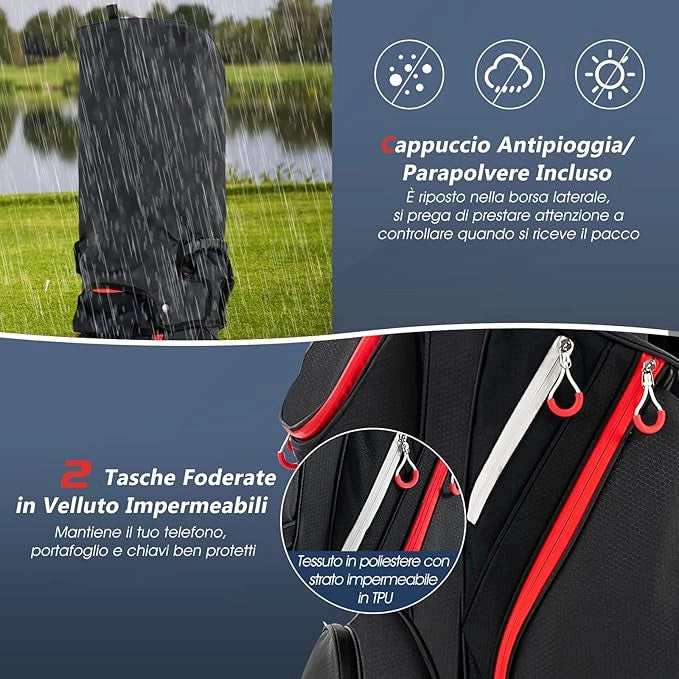 Borsa da Golf Leggera e di Grande Capacità, Sacca da Golf con 14 Divisori, 8 Tasche, Cappuccio Antipioggia, Tracolla, Borsa Termica per Bevande, Ideale per Uomini e Donne (Nero)
