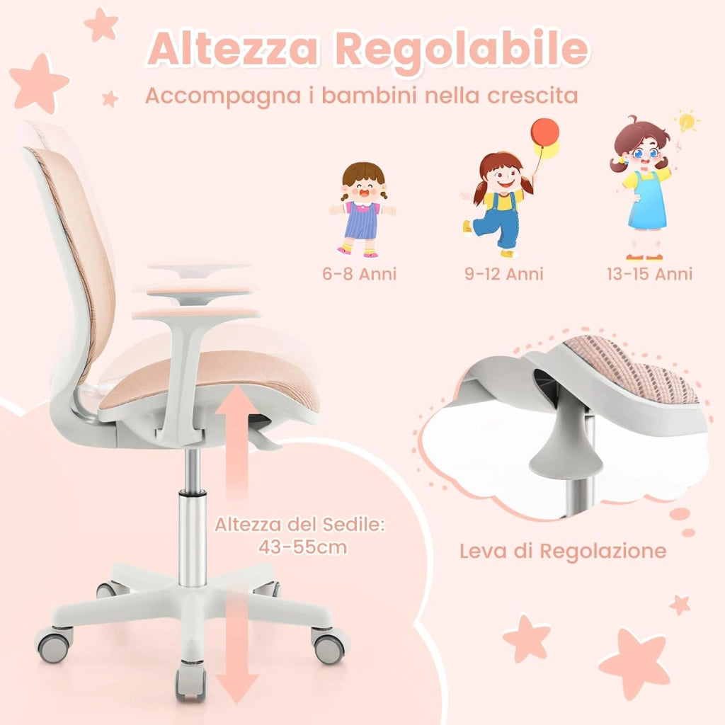 Sedia da Scrivania Girevole per Bambini (Rosa, Rullo di Pressione) | con Altezza Regolabile, 5 Ruote, Braccioli Morbidi, Mobile Ergonomica per Bambini 6-15 Anni