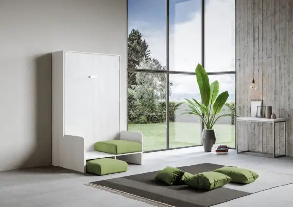 Letto matrimoniale francese a scomparsa 140 Kentaro con divano bianco frassino, verde