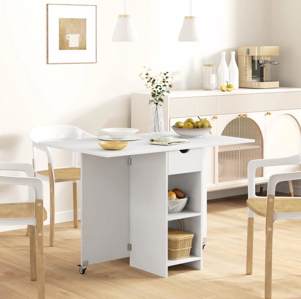 Tavolo da pranzo pieghevole 114.5x70x75 cm con due piani ribaltabili; in truciolare; bianco