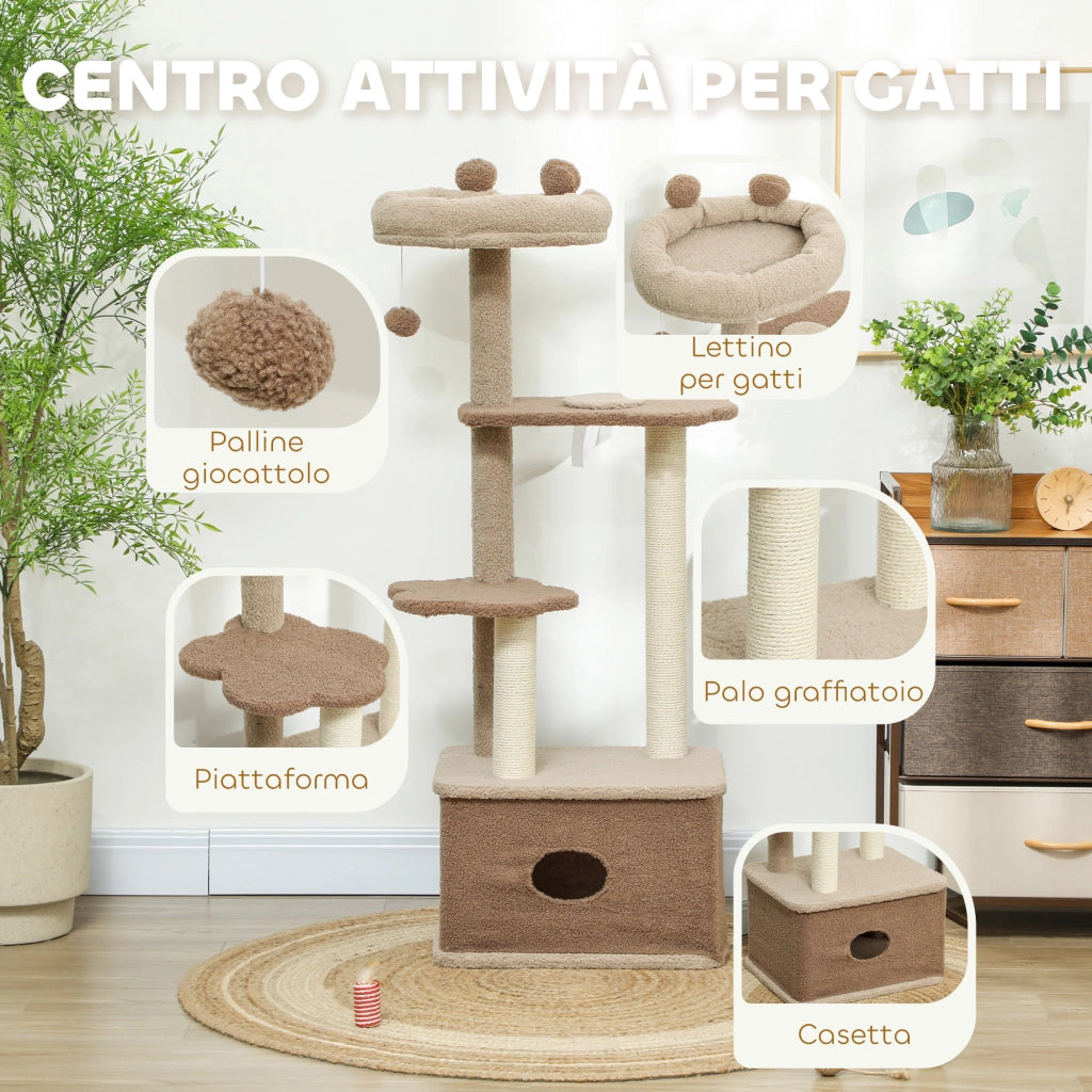 EasyComfort Albero Tiragraffi per Gatti con Lettino, Casetta e Piattaforme, in Legno e Cashmere, 48x40x133 cm, Marrone