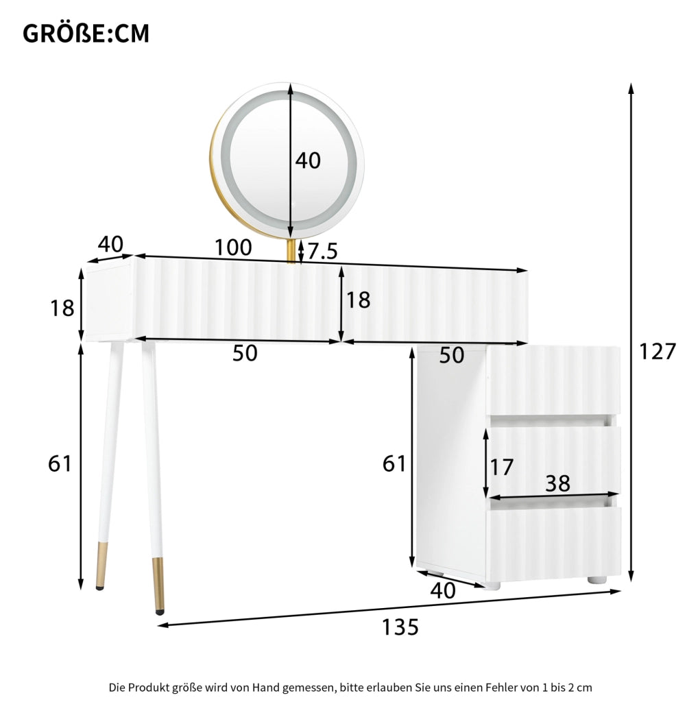 Tavolo da trucco con specchio LED a 3 colori; 5 cassetti; 100x40x127 cm; bianco