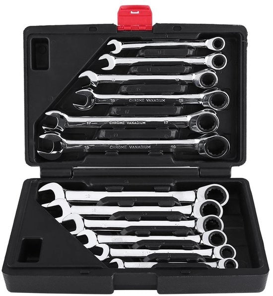 Set di chiavi a stella 12 pezzi - 8-19 mm - Chiave a rasoio flessibile - Cromo-vanadio - Incluso contenitore di trasporto - Resistenti agli urti - Set di chiavi a stella
