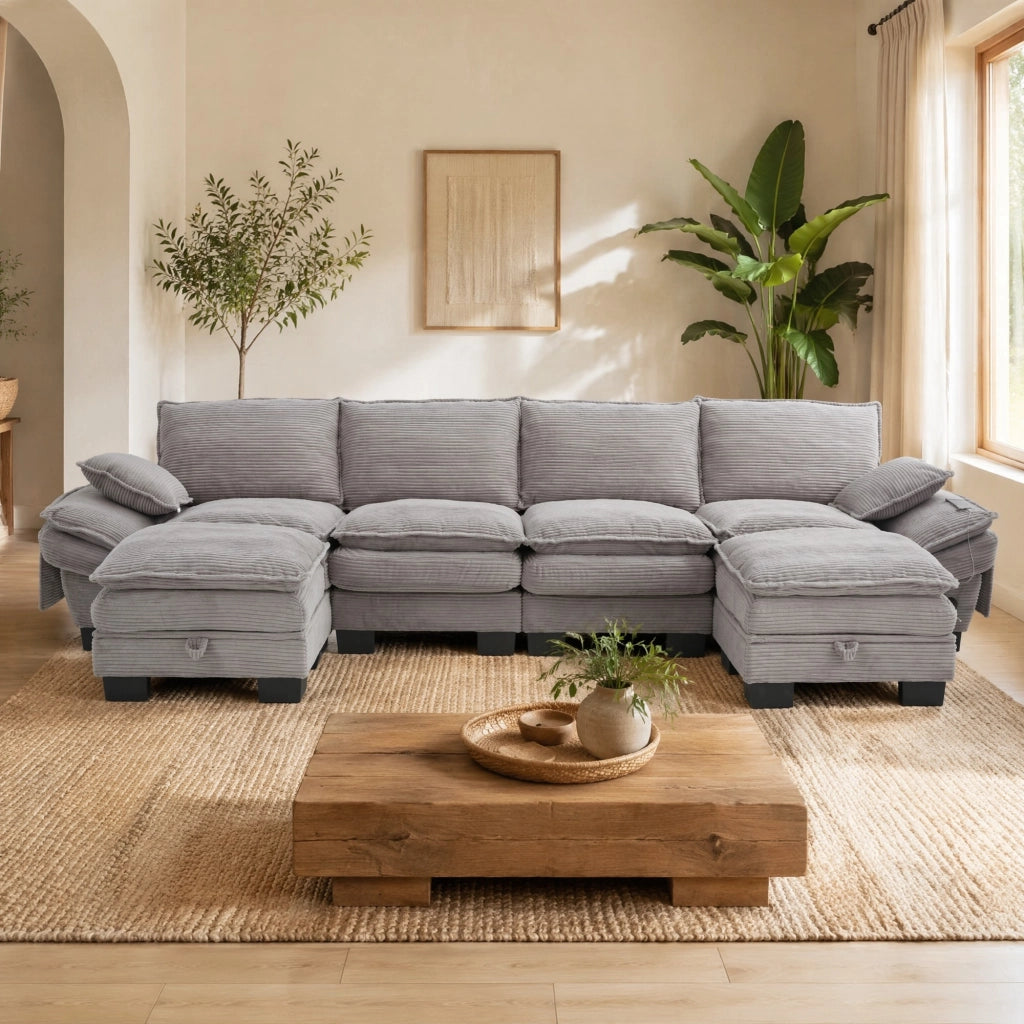 Divano modulare 4 posti con pouf contenitore, USB-C e tasche laterali, Corduroy, Grigio chiaro
