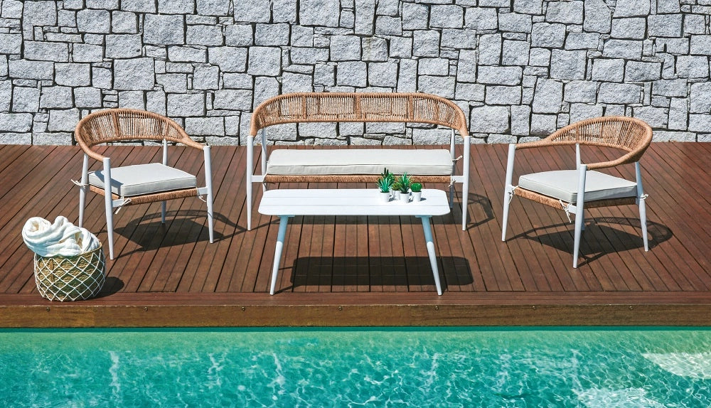 Salotto da esterno divano poltrone e tavolino in alluminio bianco, twist wicker Milano