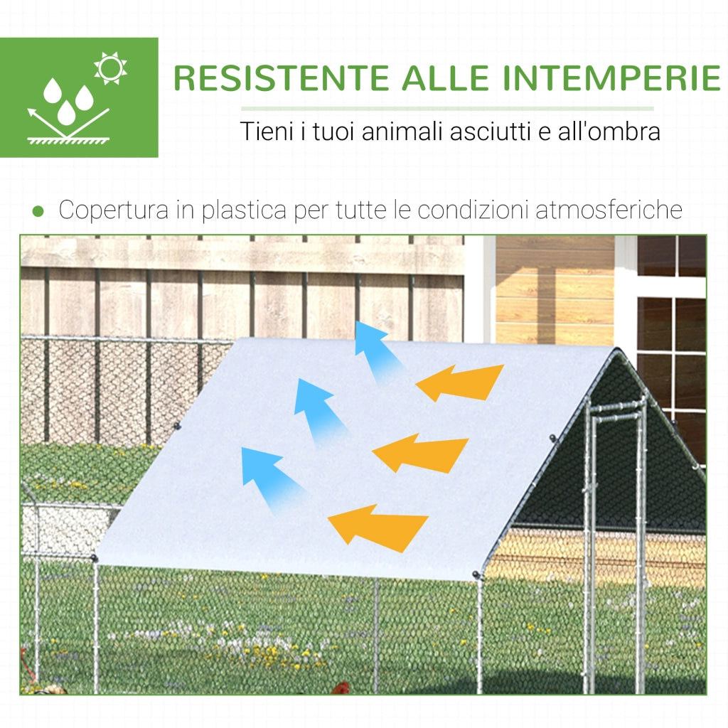 Pollaio da Giardino con Telaio Zincato, Copertura Impermeabile e Rete Esagonale, 3x8x2m, Argento