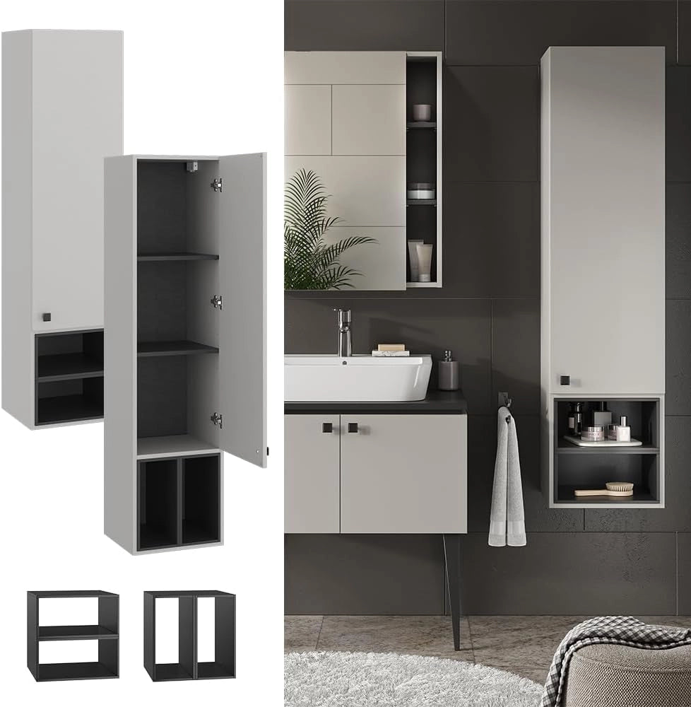 Armadio per il bagno Gerta, Grigio, 37.5 x 150 cm con anta e vani a giorno, da montare sotto il lavandino per spazio aggiuntivo di archiviazione
