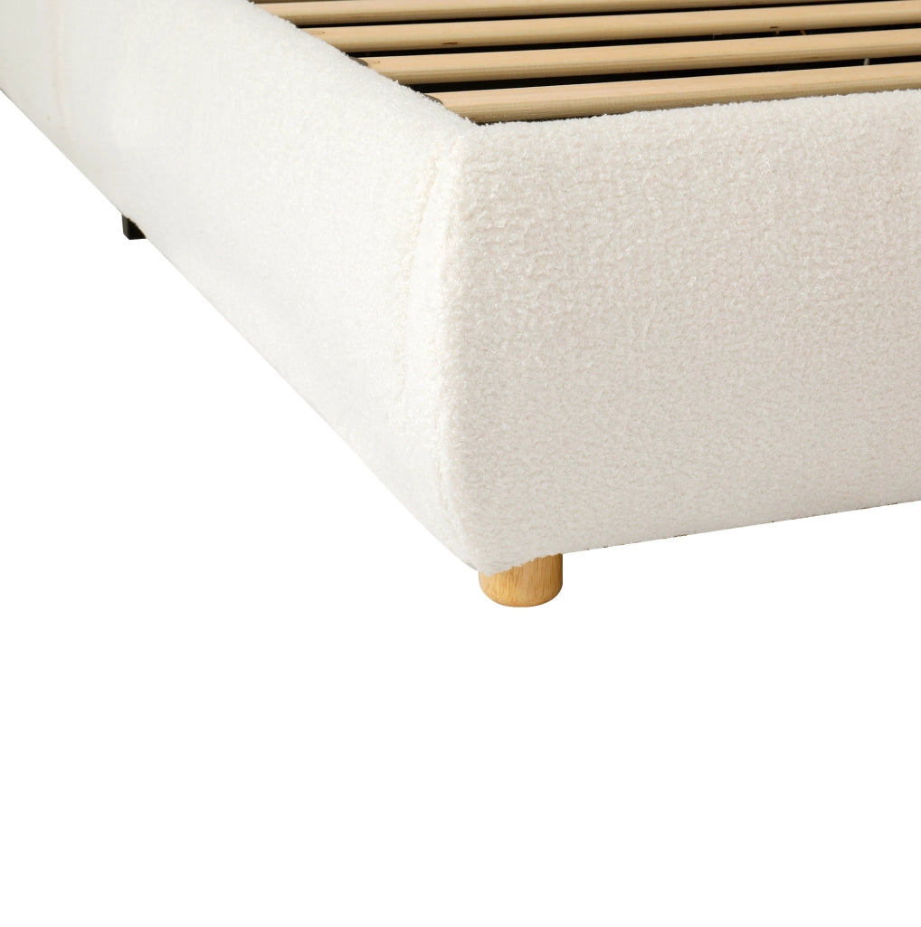 Letto per bambini imbottito con vano contenitore e rete a doghe; tessuto bouclé beige