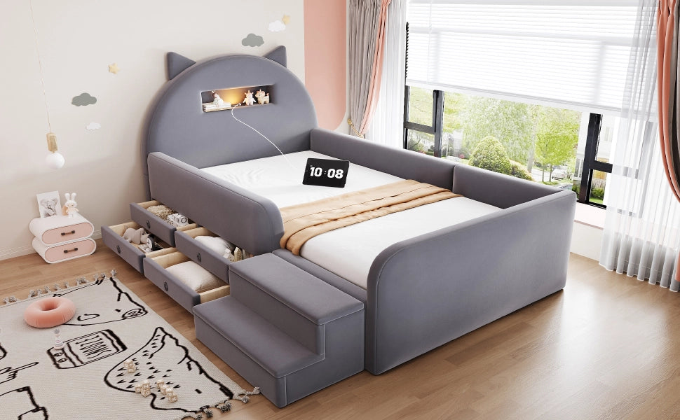 DESMIU Letto per bambini 90 × 200 cm 1 posto con 4 cassetti, USB, luce notturna e pedana removibile, senza materasso
