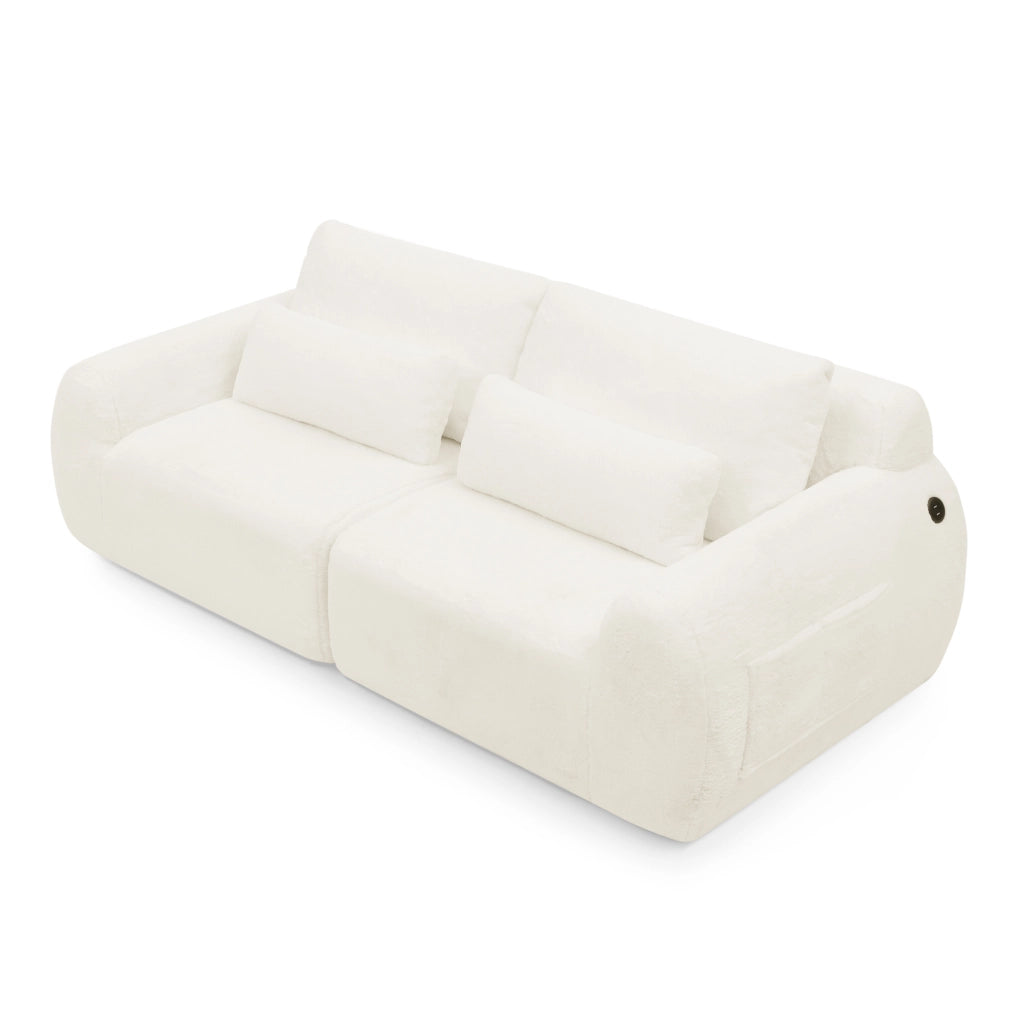 Divano 2 posti in tessuto effetto pelo di coniglio con USB e tasca laterale; beige