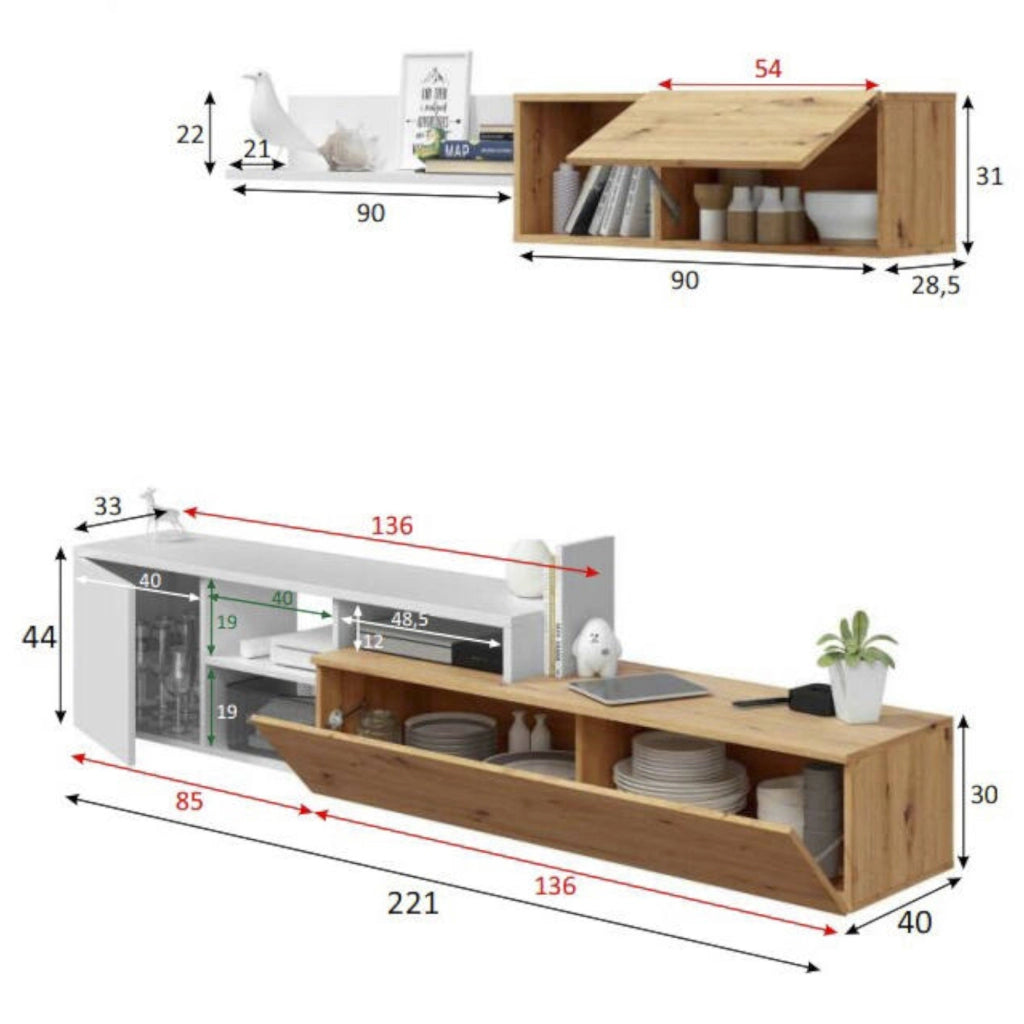 Mobile Soggiorno Aligator, Parete Attrezzata Modulabile, 220x40x44h cm Marrone Rovere Nodi