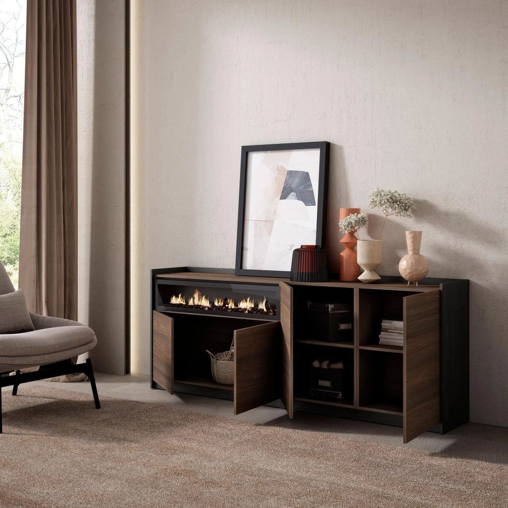 Credenza, Mobile, Cucina, 207x80x37 cm, 4 Porte, Camino elettrico, Rovere scuro e Nero