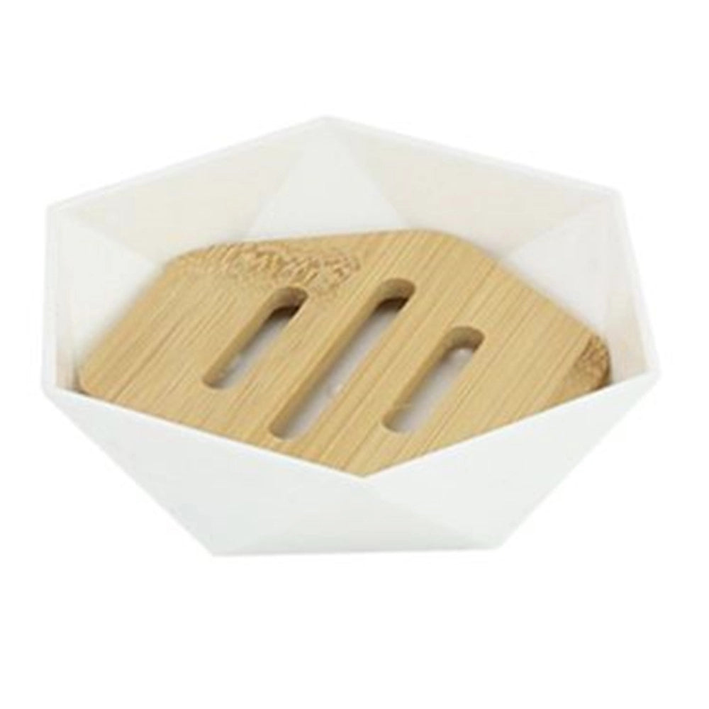 Trade Shop - Piattino Porta Sapone Saponetta Forma Esagonale Geometrico Bianco Legno Da Bagno 10838 -
