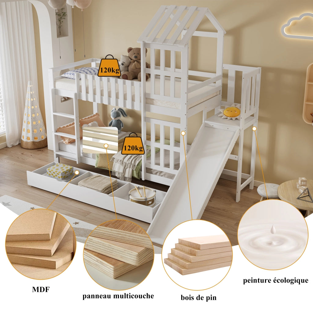 Letto a castello per bambini 90 × 200 cm con grande cassetto con ruote, scivolo, senza materasso, bianco
