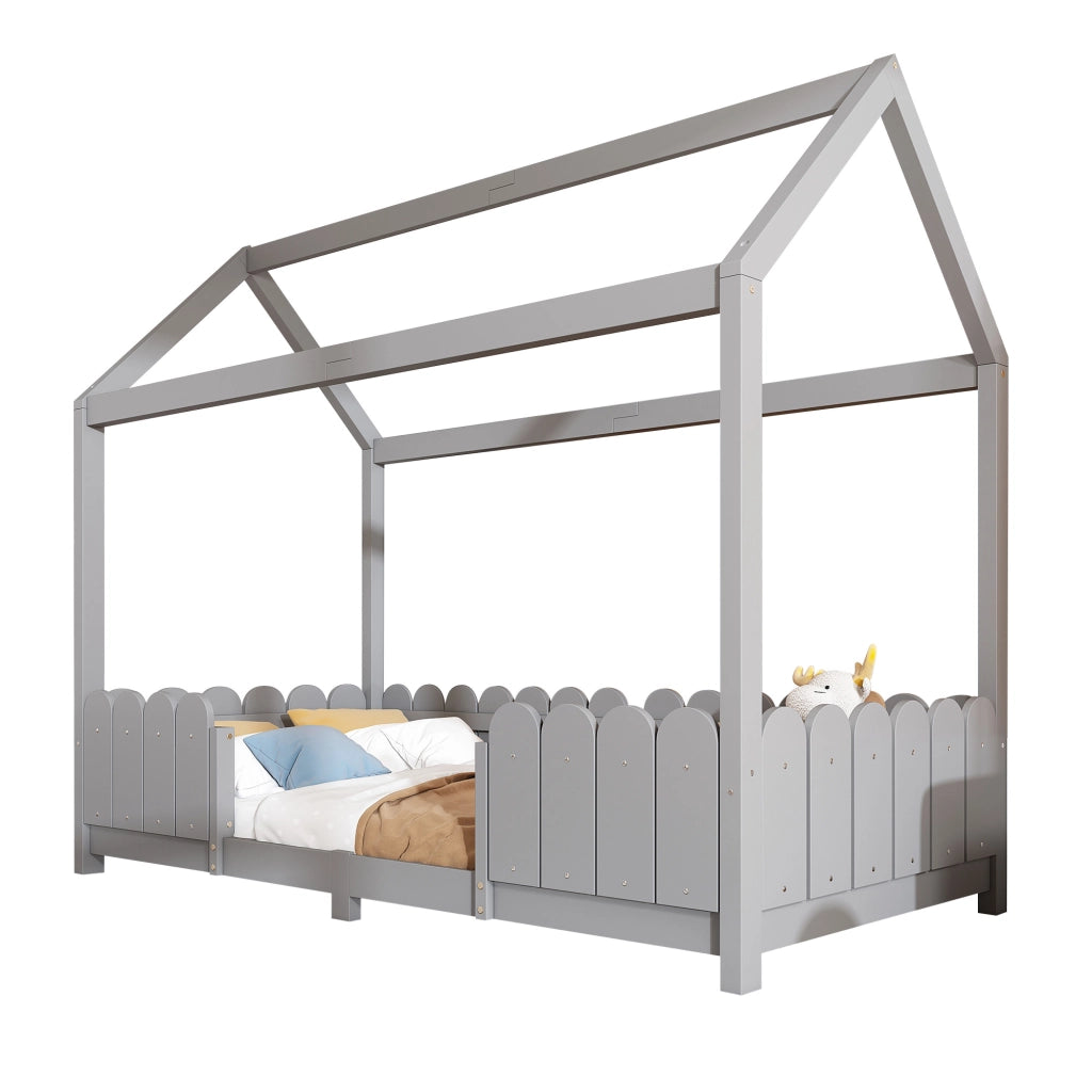 Letto a casetta 90x200 cm in legno grigio con sponde di sicurezza e rete a doghe