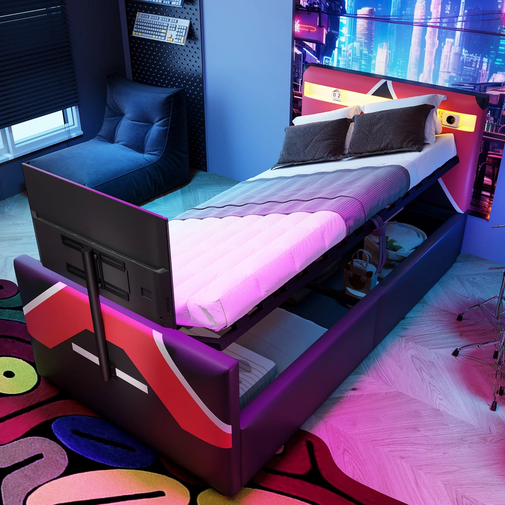 Letto imbottito nero con illuminazione led a cambio colore stoccaggio idraulico supporto tv 90x200 cm