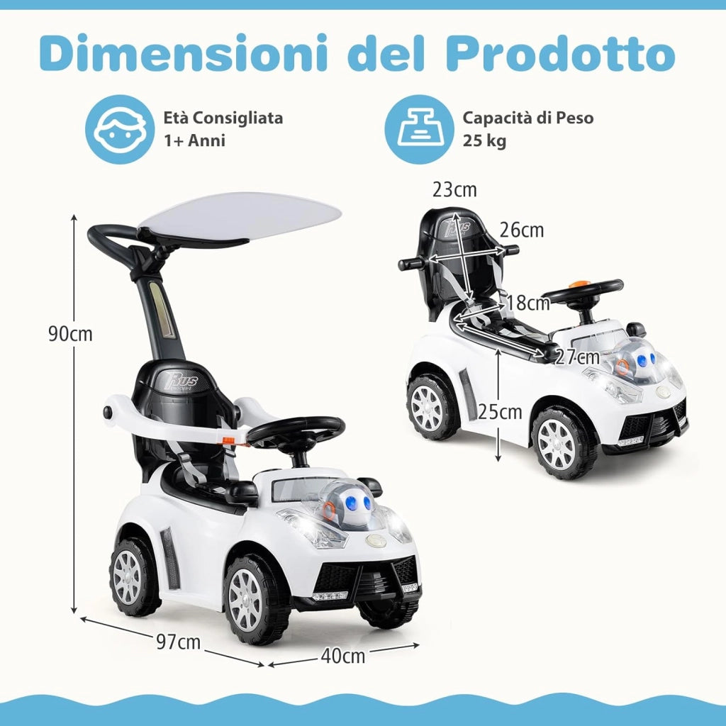 3 in 1 Auto a Spinta, Macchinina da Passeggio con Clacson, Musica, Luci, Cintura di Sicurezza, Tettuccio e Manico, Macchina Cavalcabile per Bambini 1+ Anni (Bianco)