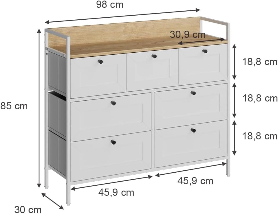 Cassettiera Belaro, Bianco, 98 x 85 cm con 7 cassetti, per riporre abiti e oggetti di uso quotidiano