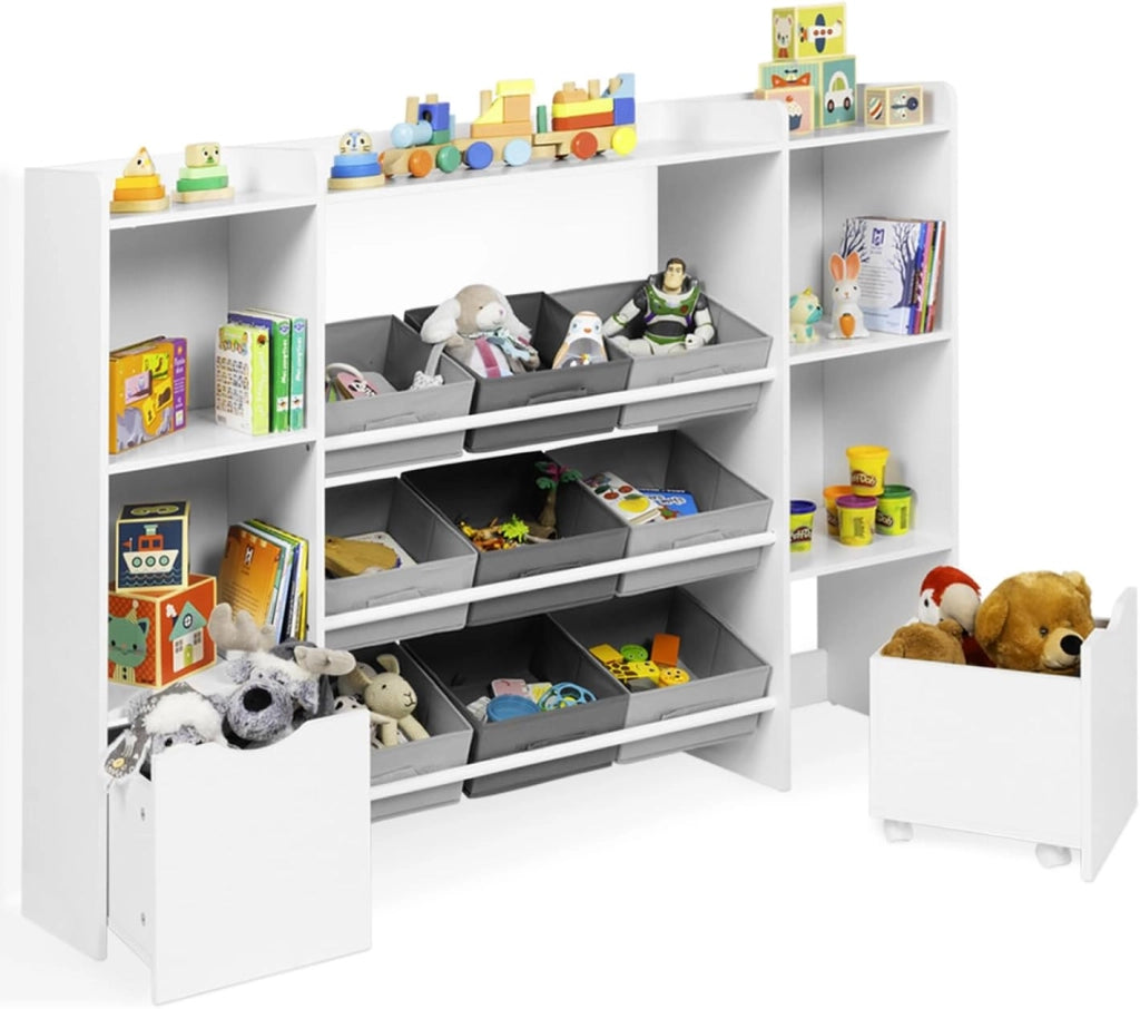 Contenitore per bambini MANA con 7 ripiani, 6 contenitori in tessuto e 2 cubi su rotelle, bianco