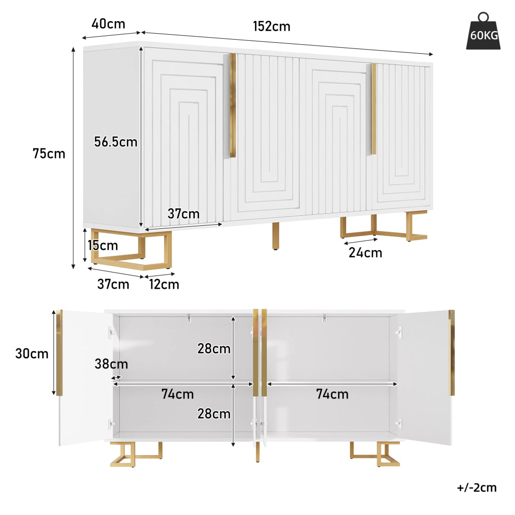Credenza con 2 Ante e 4 Vani; Piedi in Metallo; Stile Moderno; in MDF; 152??40??75 cm; Bianco