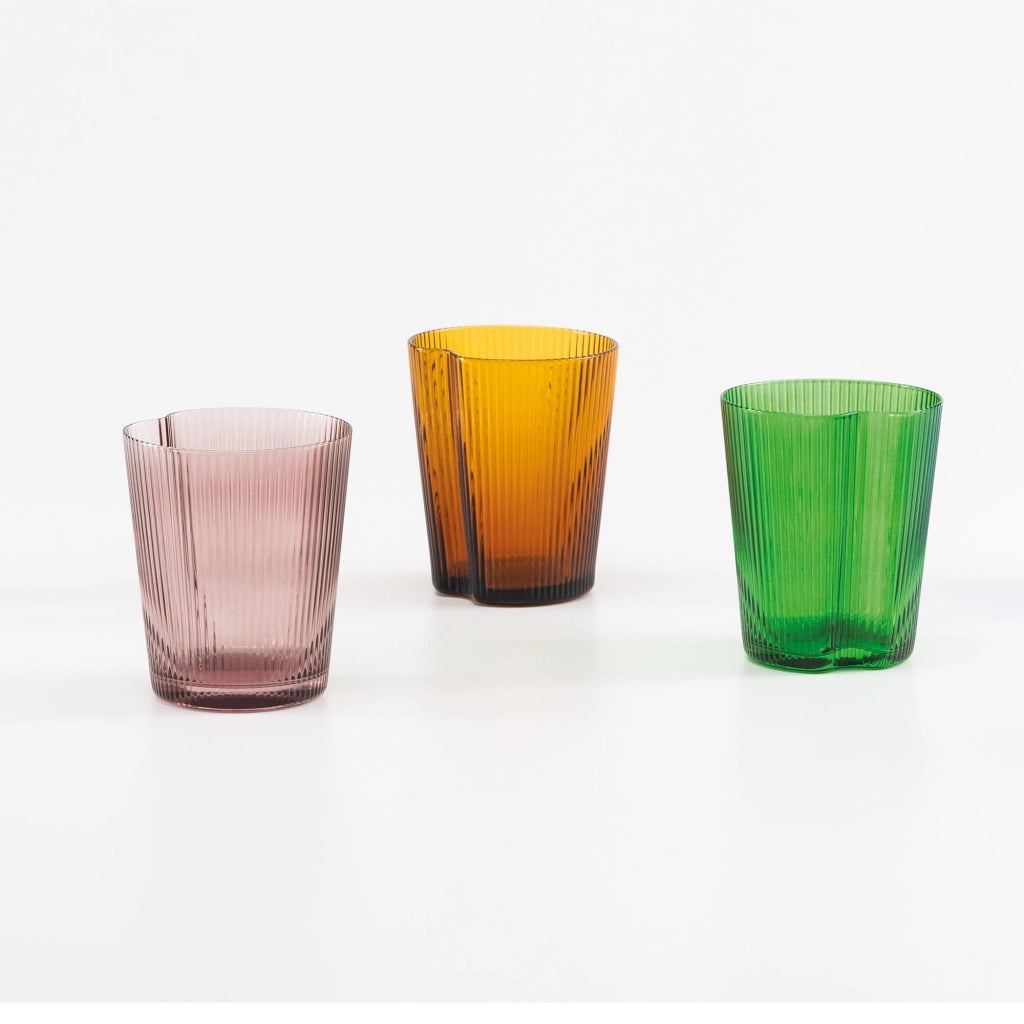 Set 6 Bicchieri Handy Tumbler in Vetro Soffiato Ambra, Design Ergonomico Impilabile con Superficie a Solchi Verticali Decorativi, Uso Quotidiano