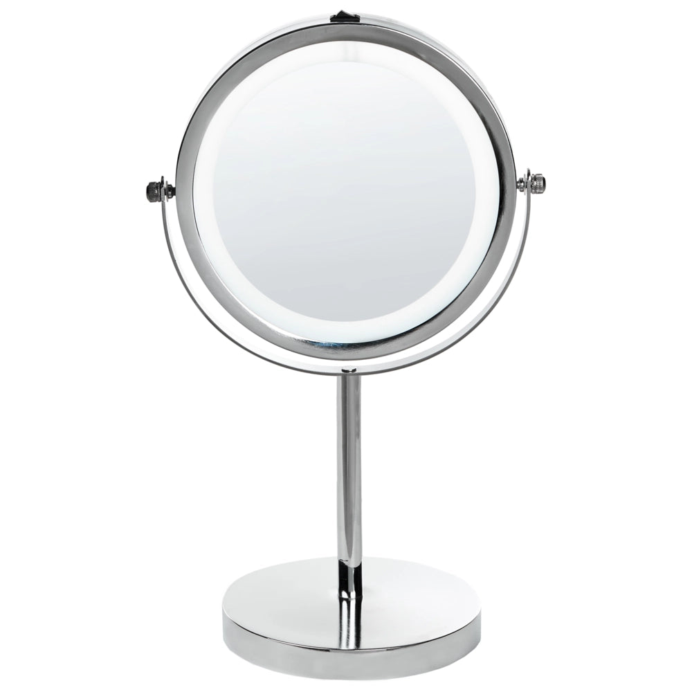 Specchio da tavolo illuminato in metallo argentato ø 20 cm con luci LED d'ingrandimento bifacciali