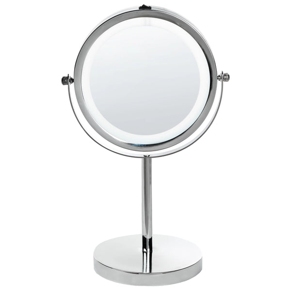 Specchio da tavolo illuminato in metallo argentato ø 20 cm con luci LED d'ingrandimento bifacciali