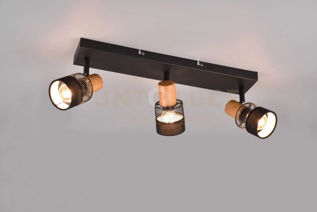 NANDINI BARRA 3 SPOTS ORIENTABILI METALLO CON DIFFUSORE CON PARALUME E LEGNO L. 59CM  ATTACCO E14