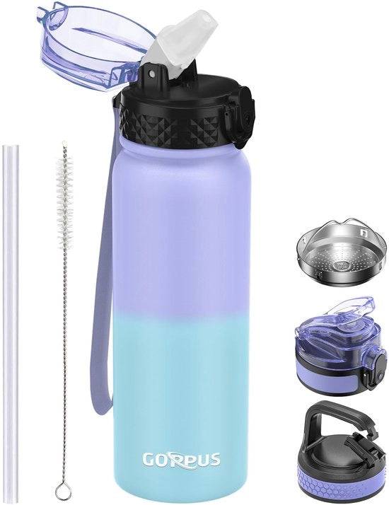 Bottiglia di acqua in acciaio inossidabile da 600ml/20oz con beccuccio, termos di sport, bottiglia di acqua in acciaio inossidabile, leva di vetro, bottiglia di acqua con beccuccio, termos, adatta a bottiglie di drink BPA libere
