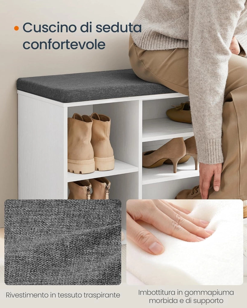 SONGMICS HOME Panca Scarpiera, Montaggio Rapido Senza Attrezzi Toolless, Panchina con Scomparti Aperti, Ripiani Regolabili, Portascarpe, Bianco Neve e Grigio Ardesia LHS391WE01
