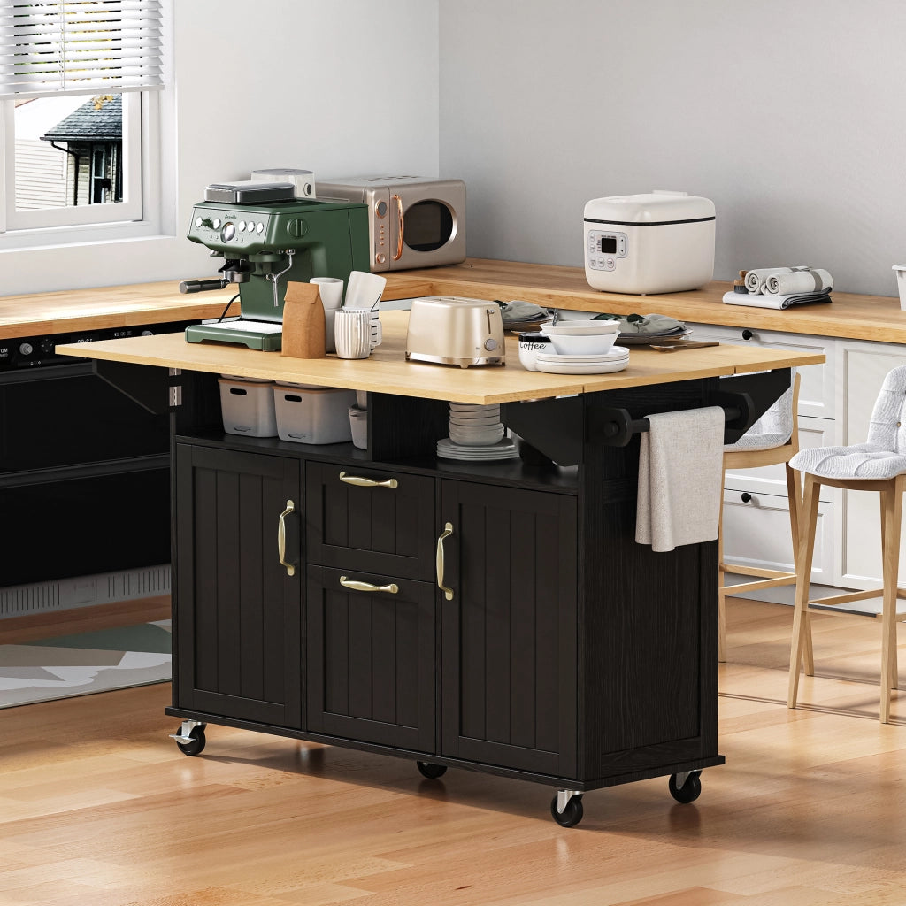 Carrello da cucina con 2 ante; 2 cassetti; vani aperti; piano ribaltabile; prese e portaasciugamani; in MDF; 120 x 40-60-80 x 92 cm; nero e naturale