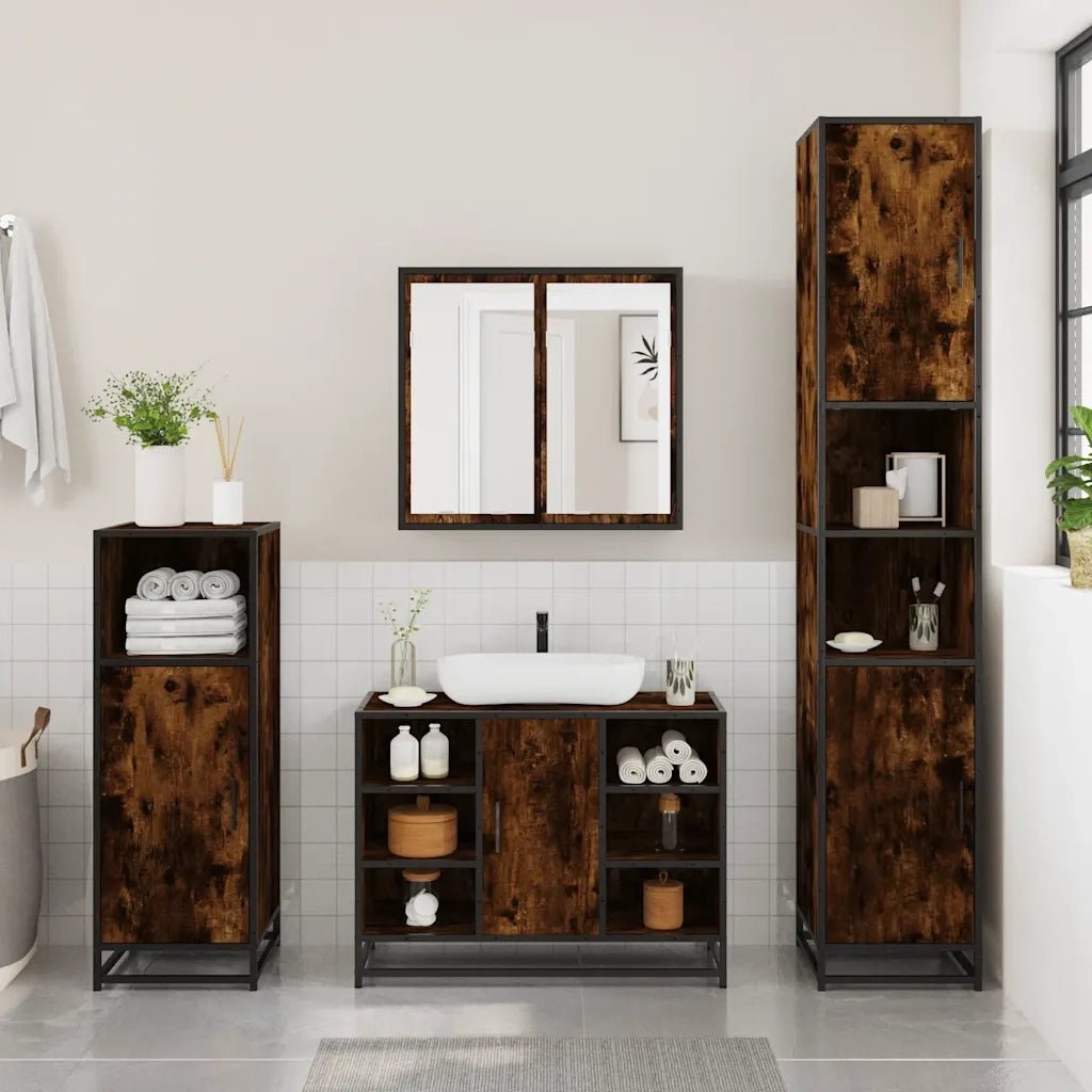 Set Mobili da Bagno 4 pz Rovere Fumo in Legno Multistrato
