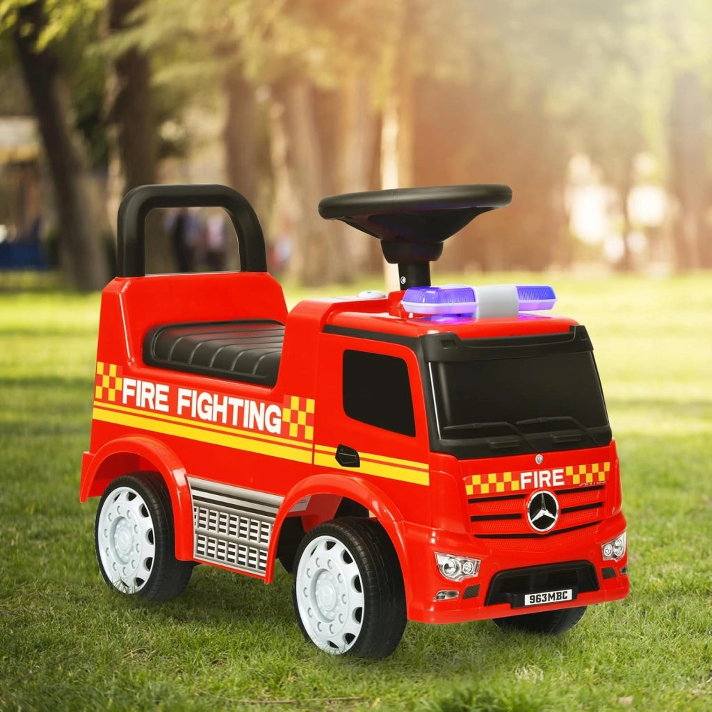 Mercedes-Benz Portatore Bambino, Camion dei Pompieri Guida Realistica con Fuoco di Gravidanza, Clacson e Musica, Spazio di archiviazione nascosto, Capacità massima 25 kg, Regalo per bambini 1-3