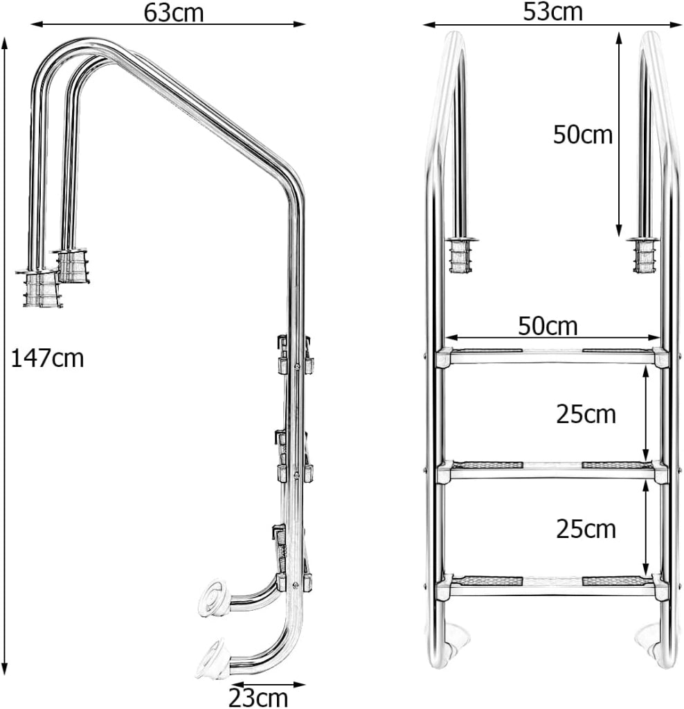 Scaletta Telescopica in Acciaio Inossidabile, Scaletta Piscina Fuori Terra a 3 Scalini Antiscivolo, Portata Fino a 150 KG, Scala per Piscina, Barca, Ponti, Pontile Galleggiante, 53 X 63 X 147 CM