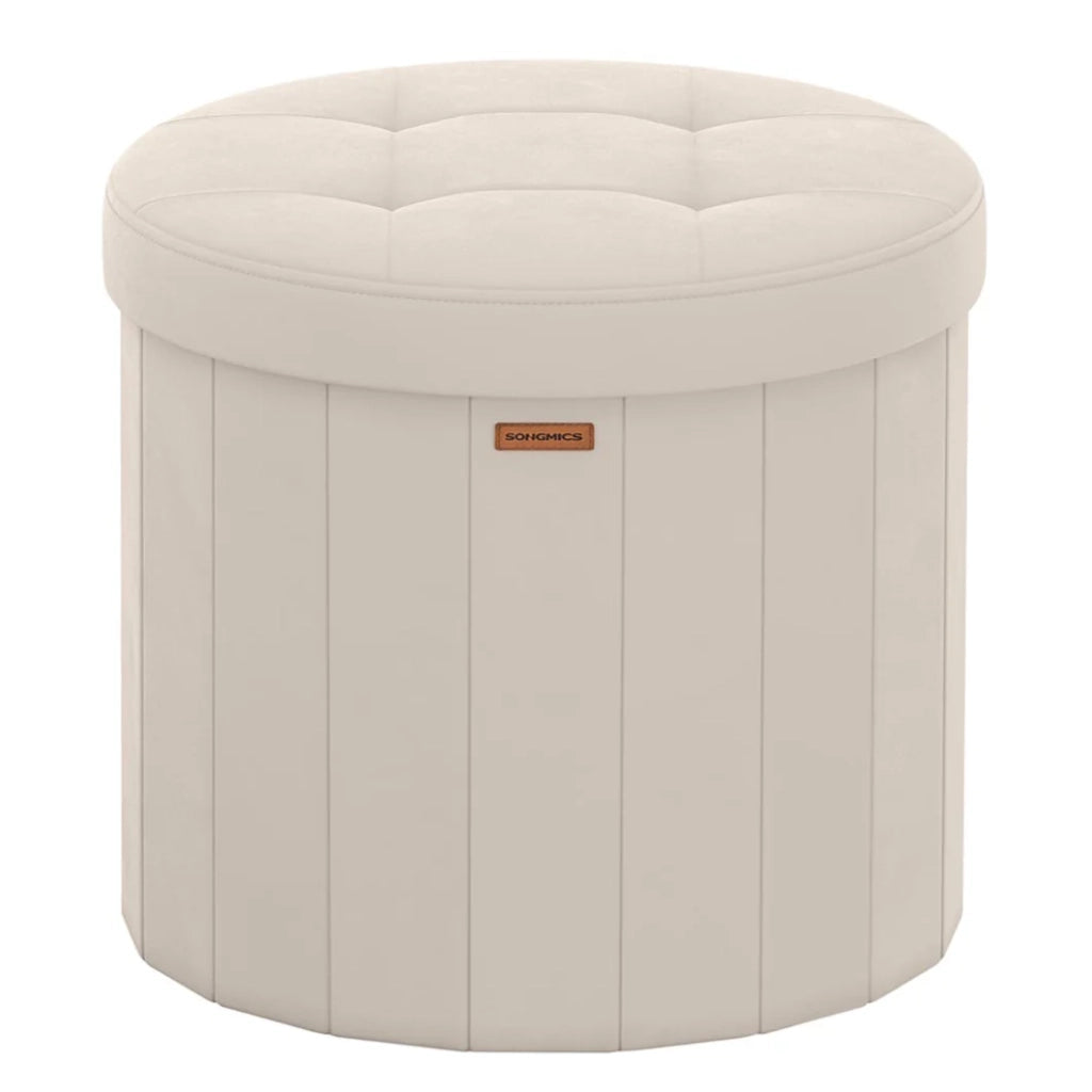 Sgabello/poggiapiedi rotondo con coperchio rimovibile 46 x 45 cm pieghevole facile da montare tessuto felpato per camera da letto soggiorno corridoio beige 12_0006351