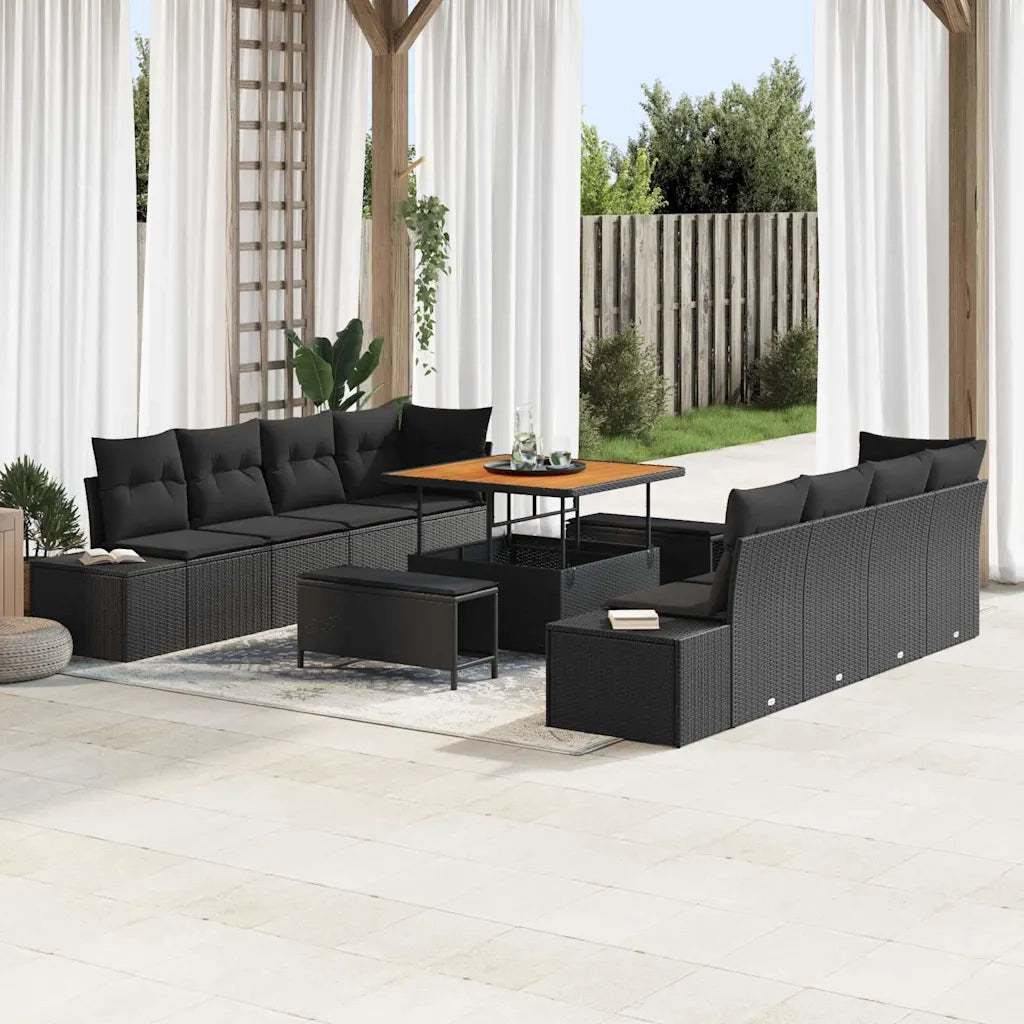 Set Divano da Giardino con cuscino 11 pcs Nero polyrattan