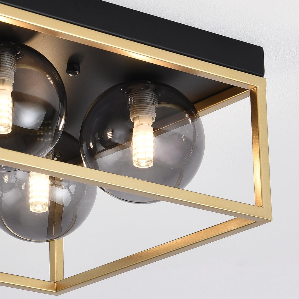 Plafoniera Widnes con 4 Paralumi Sferici e Telaio Rettangolare color Oro lux.pro