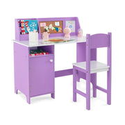 Set di scrivania e sedia per bambini in legno con scaffale armadietto bacheca, Postazione di scrittura Viola