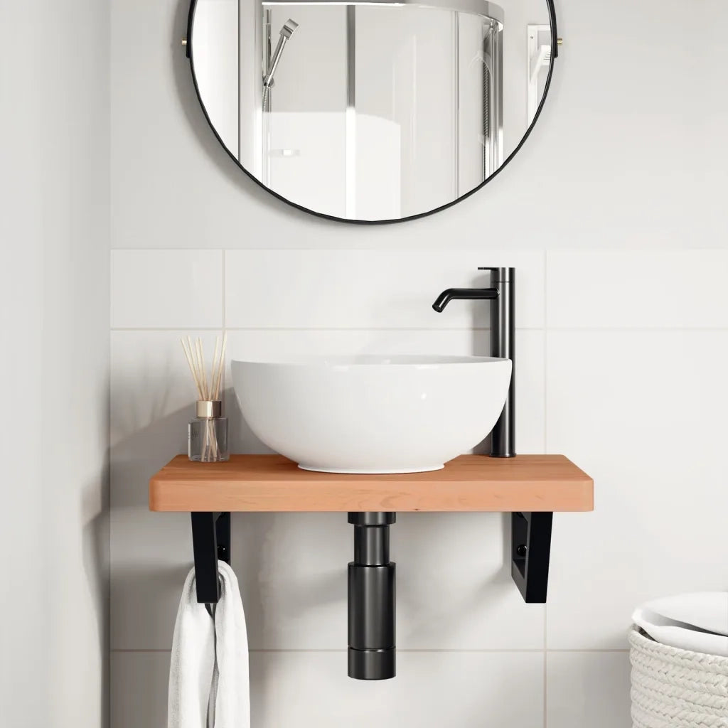 Ripiano a Parete per Lavabo-Mensole a Muro in Acciaio e Massello di Faggio 834854