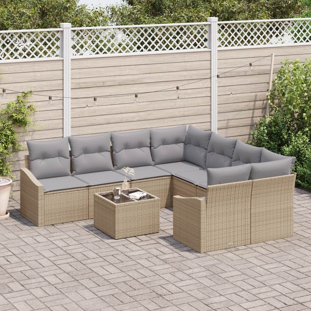 Set da pranzo da giardino 9 pezzi con cuscini beige in polirattan