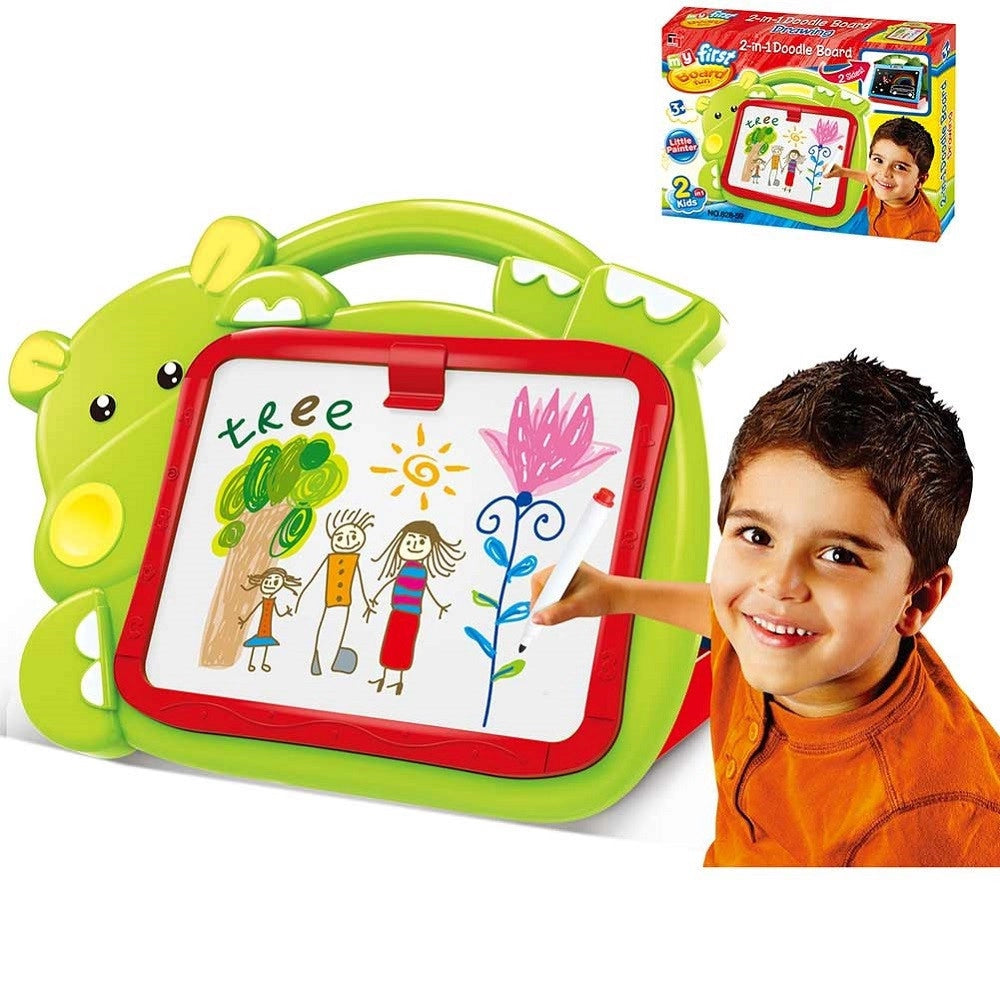 Trade Shop - Lavagna Lavagnetta Per Bambini Hippo 2in1 Con Gessetti Cassino Pennarelli Verde -