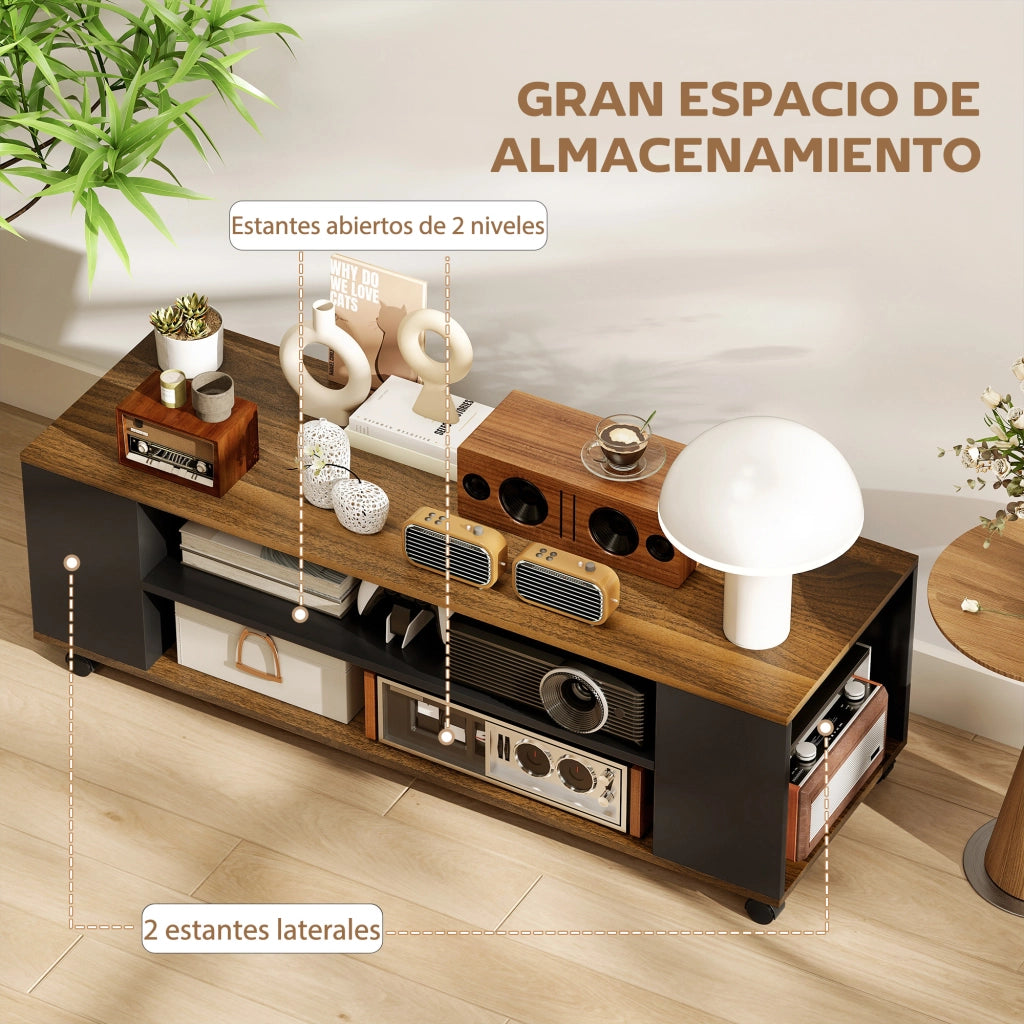 Mobile TV con ruote ¨C Xylo ¨C 4 ripiani, legno noce e nero, 120x40x38,5 cm