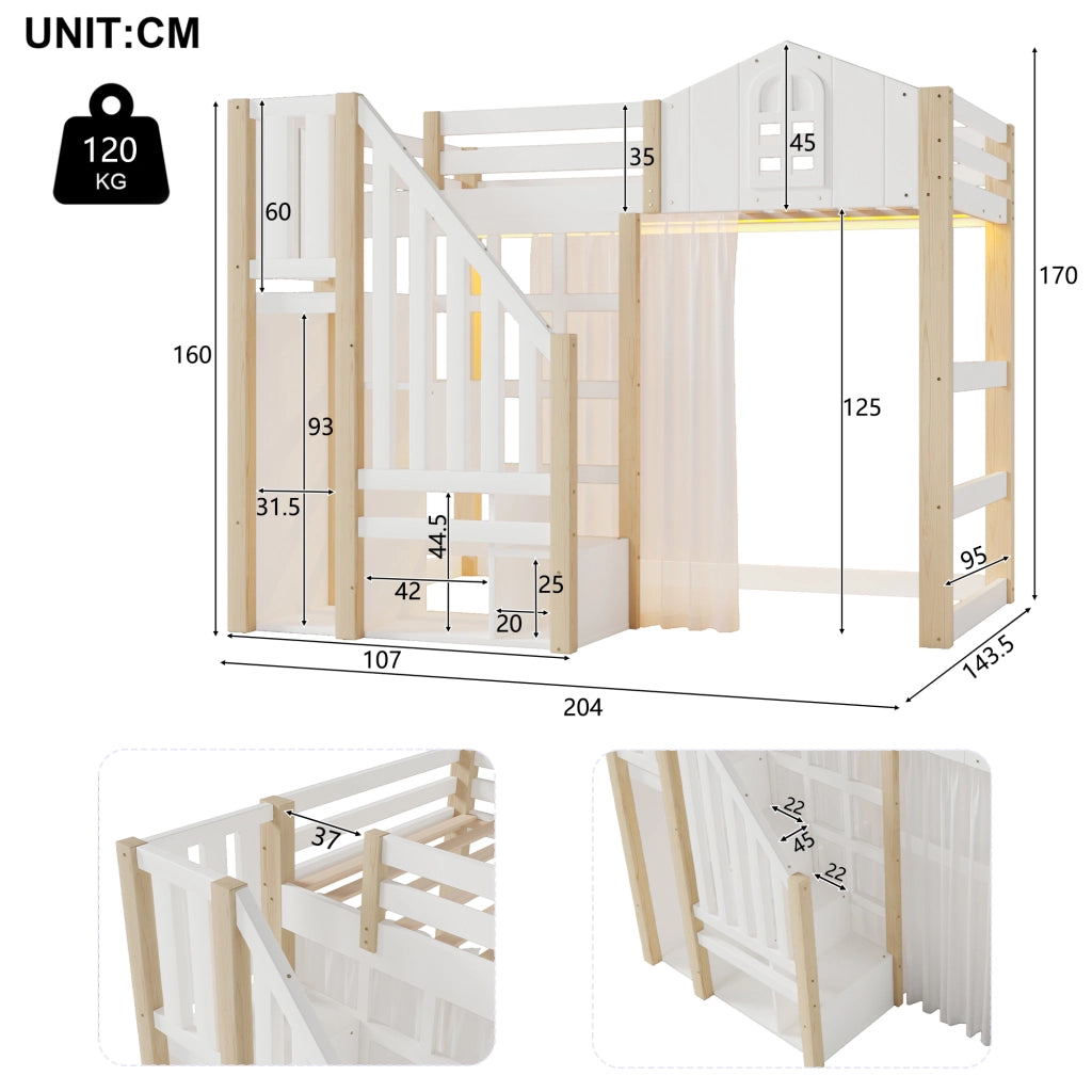 OKWISH Letto a Soppalco 90×200 cm, Letto Singolo con LED, Scala con Contenitore, Vano Aperto e Velo, senza Materasso, Bianco e Naturale
